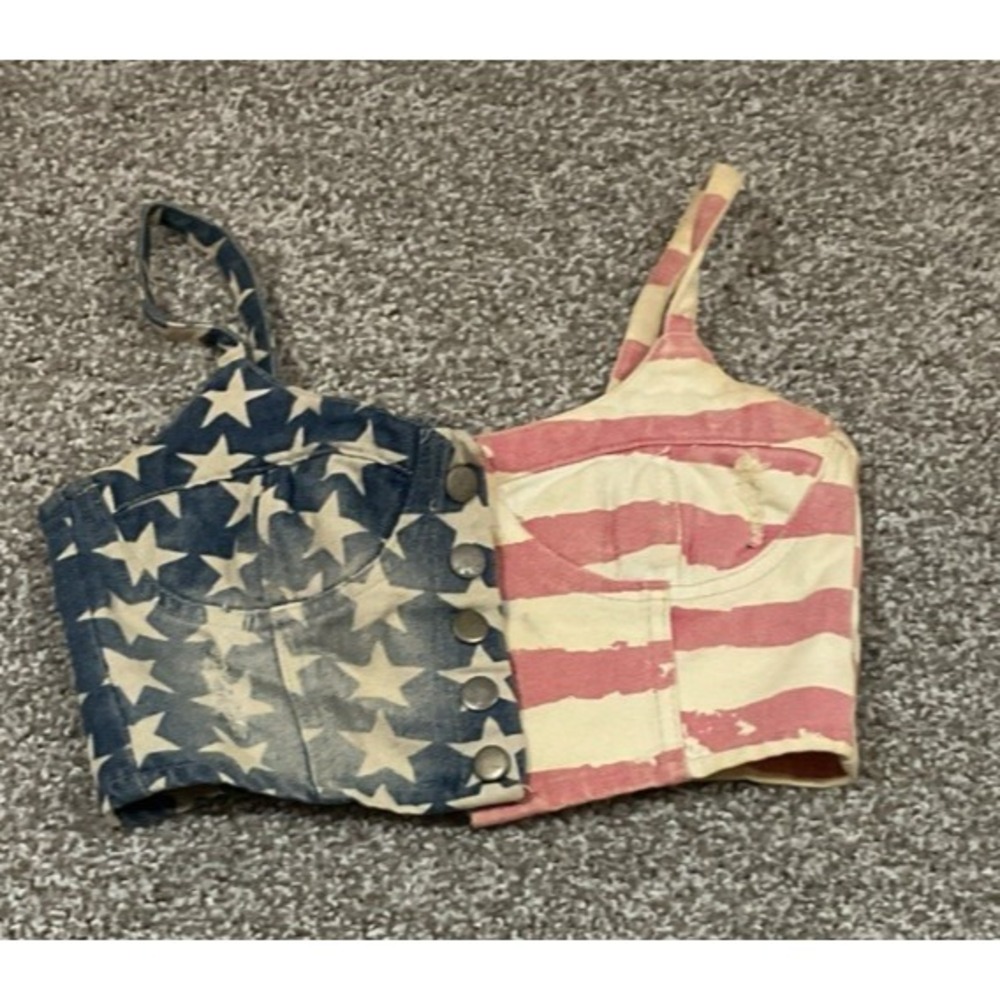 36point5 Distressed Denim‎ American Flag Snap Front Bustier Corset Halter Top Sm - Picture 2 of 8